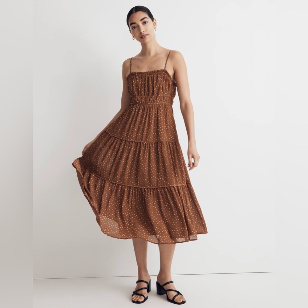 NWT Madewell Sophia Cami Tiered Midi Dress in Dot - 6 - Sepia